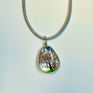 Handmade Lace Dried Flowers Oval Pendant Necklace #18